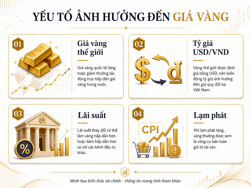 Giá vàng miếng SJC chịu ảnh hưởng từ giá vàng thế giới, tỷ giá, lãi suất, lạm phát và tâm lý thị trường.